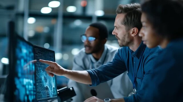 A diverse team leverages deep learning for big data optimization screens showing AI algorithms a modern office with glass walls AI big data analysis neural network systems bus