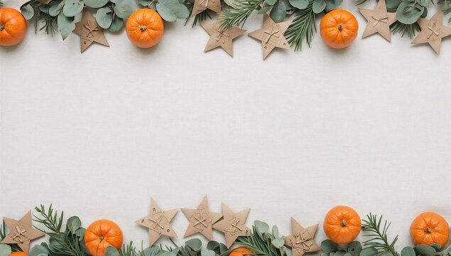 Festive frame with handmade pomander spheres crafted from citrus and cloves, alongside brown paper stars on a pale fabric surface.
