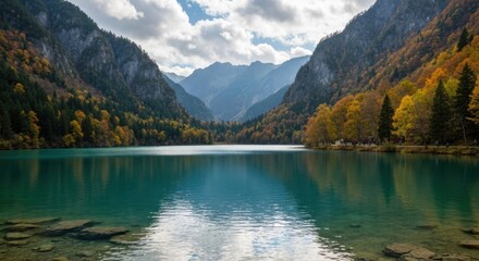 Tranquil alpine lake, autumn foliage