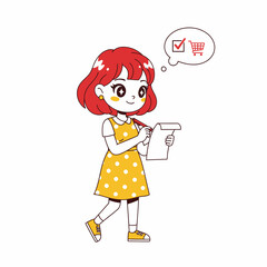 Young woman with red hair making a shopping list with a thoughtful expression.