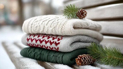 Cozy knitted sweaters stacked on snowy bench with pinecones  