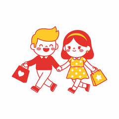 Happy cartoon couple holding hands while shopping together.