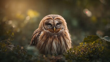 Brown and golden owl resting, focus on wildlife behavior