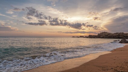 Serene sunset over tranquil waters with gentle waves and a cloudy sky, seasonal change