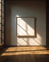 A white framed picture is hanging on a wall