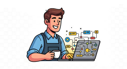 Friendly cartoon man in apron holding a coffee cup while working on his laptop showing data flow
