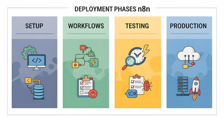 Four distinct panels illustrating software development deployment phases including setup workflows testing and production