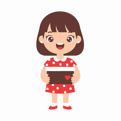 Happy cartoon girl in a red polka dot dress holding a box.