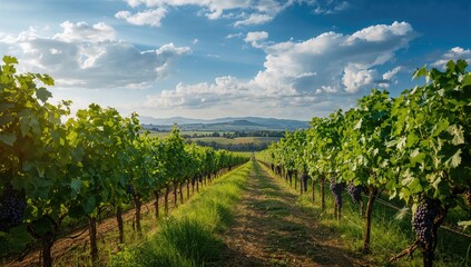 Naklejka premium Alleyways weaving through the vineyard beneath a clear sky, seasonal change