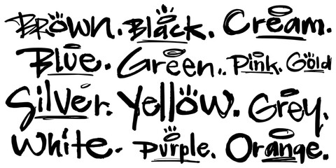 Set of color name graffiti tag vectors on transparent background, perfect for street art, logo concept, and urban typography projects. Bold handstyle lettering collection.