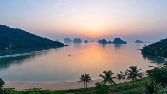 Sunrise over the sea at Lang Co Bay, Vietnam &mdash; a tranquil view of golden light reflecting on calm waters
