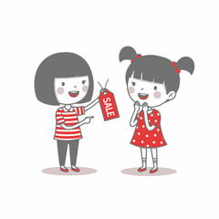 Two happy cartoon girls with a red sale tag, excited about shopping.