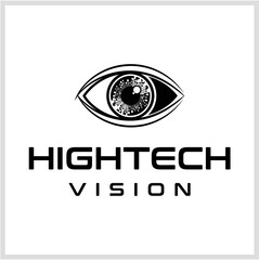 Stylized cyber eye logo with a digital iris, a futuristic vector emblem representing technology, vision, and security surveillance concepts