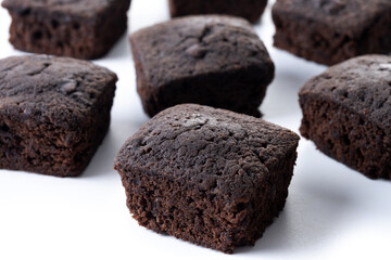 Homemade chocolate brownies isolated on white background