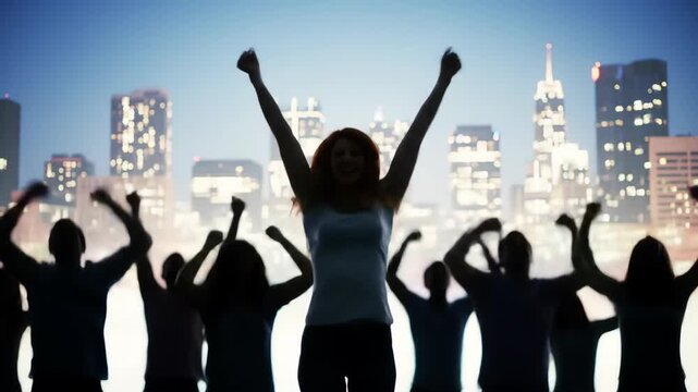 Silhouetted group raises arms in city at dusk, showing victory/celebration, suitable for event promotion