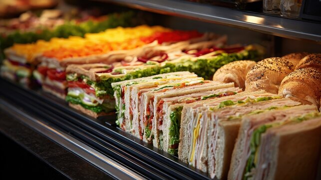 Assortment of freshly prepared multilayered sandwiches and baked goods displayed in a chilled food case
