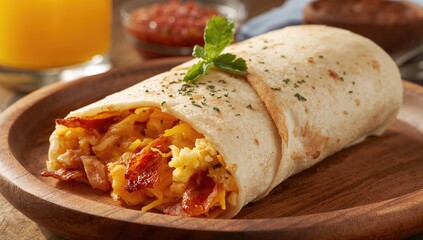 Breakfast burrito filled with sausage, eggs, hashbrowns, and cheese
