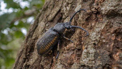 Close-up of Leiopus nebulosus perched on oak branch, vivid macro shot of insect in natural habitat