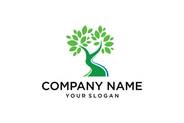 Obraz premium PrinAbstract Green Tree and Blue River Logo Design Template