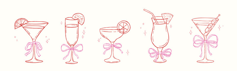 Coquette cocktail glasses with bow, vector illustrations set, colorful martini, doodle whimsical sketch for party invitation, wine drinks