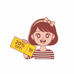 Happy Girl Holding a 20 Percent Off Coupon for Shopping.