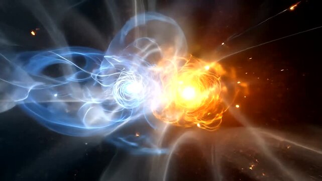 Abstract blue and orange energy forms interacting in a swirling, dark cosmic space