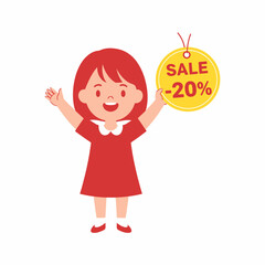 Excited Girl Announcing 20 Off Sale with Cheerful Expression.