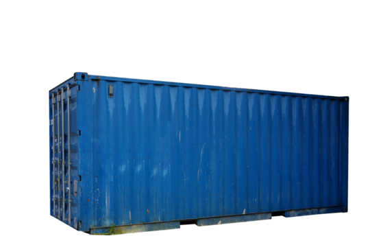Delivery industrial container for goods. Close blue, left. On isolated transparent background.