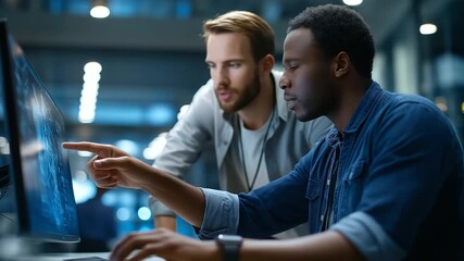 A server farm admin shows a colleague AI technology on a PC pointing to algorithm visuals server racks humming a collaborative vibe AI technology sharing data center teamwork - Powered by Adobe