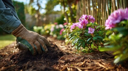Fototapeta premium Gardener Planting Beautiful Purple Flowers into Fresh Soil in Spring