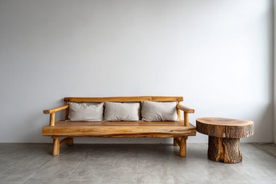 Rustic wooden bench and natural tree stump side table set against a plain wall