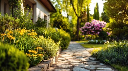 Fototapeta premium Sunny stone pathway leading through a vibrant home garden.