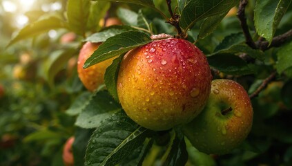 Apple orchard with close-up of rain-drenched fruit, showcasing freshness and natural hydration