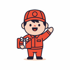 Cute cartoon delivery person in red uniform holding a gift box and waving.
