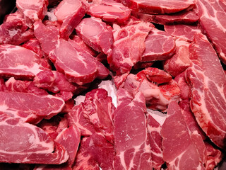 fresh pork in a tray in the supermarket.