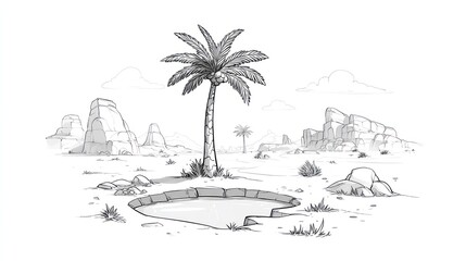 Desert oasis illustration palm tree by water rocks and landscape scene
