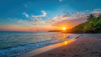 Scenic beach sunset with vibrant sky and ocean waves, perfect backdrop for relaxation and mindfulness