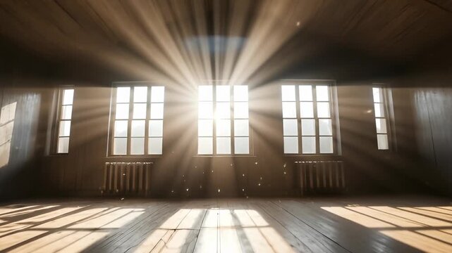Sunlight streams through windows illuminating an empty wooden attic space warmly