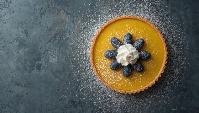 Blueberry and lemon curd tart on dark grey stone surface, dessert indulgence,