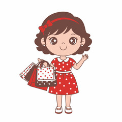 Cute Cartoon Girl with Shopping Bags and Polka Dot Dress.