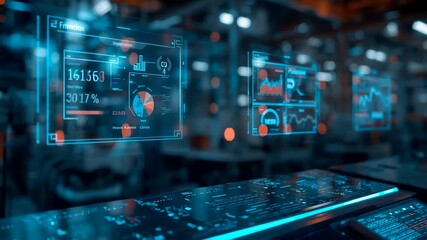 Digital dashboard interface displaying data analytics and performance metrics in modern smart factory environment with glowing blue holograms - Powered by Adobe