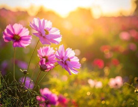 Pink cosmos flowers in the sunlight with a blurry background