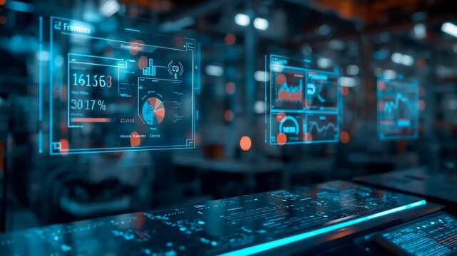 Digital dashboard interface displaying data analytics and performance metrics in modern smart factory environment with glowing blue holograms