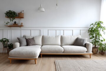 Fototapeta premium Comfortable light-colored sectional sofa situated in a bright, modern room with natural wood accents and indoor plants