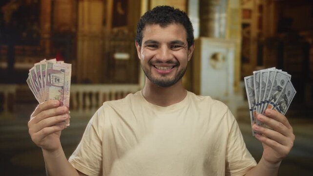 Young hispanic man smiles and holds saudi riyal and dollar banknotes in church building; prosperity generosity.
