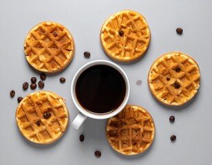 Overhead shot of round waffles and coffee on a minimalist gray background