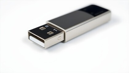 Metallic USB flash drive isolated on white background.