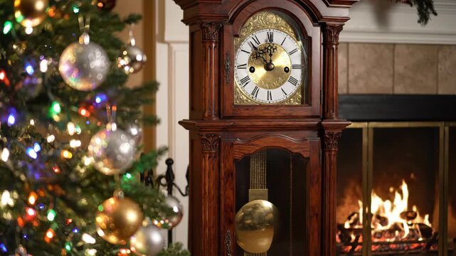 Cozy Christmas Eve Scene with Grandfather Clock and Fireplace.