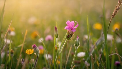 Fototapeta premium Vibrant red campion blossoms and buds thriving in a sunny field during summer. Detailed close-up of a lovely pink flower.