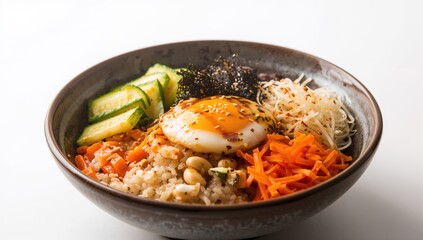 Bibimbap, a Korean rice dish with vegetables, protein-rich meal